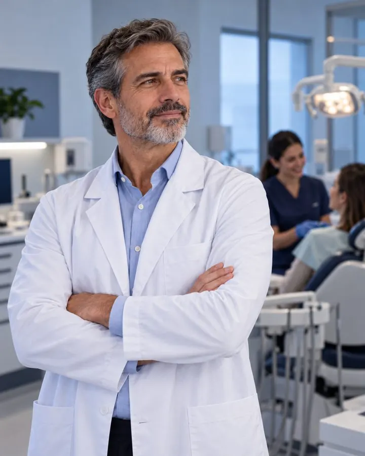 Cirurgião-dentista pensativo no consultório
