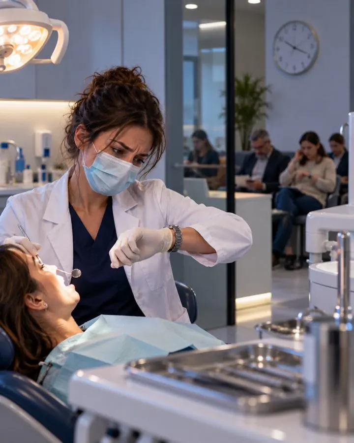 Cirurgiã-dentista sobrecarregada com a sala de espera cheia